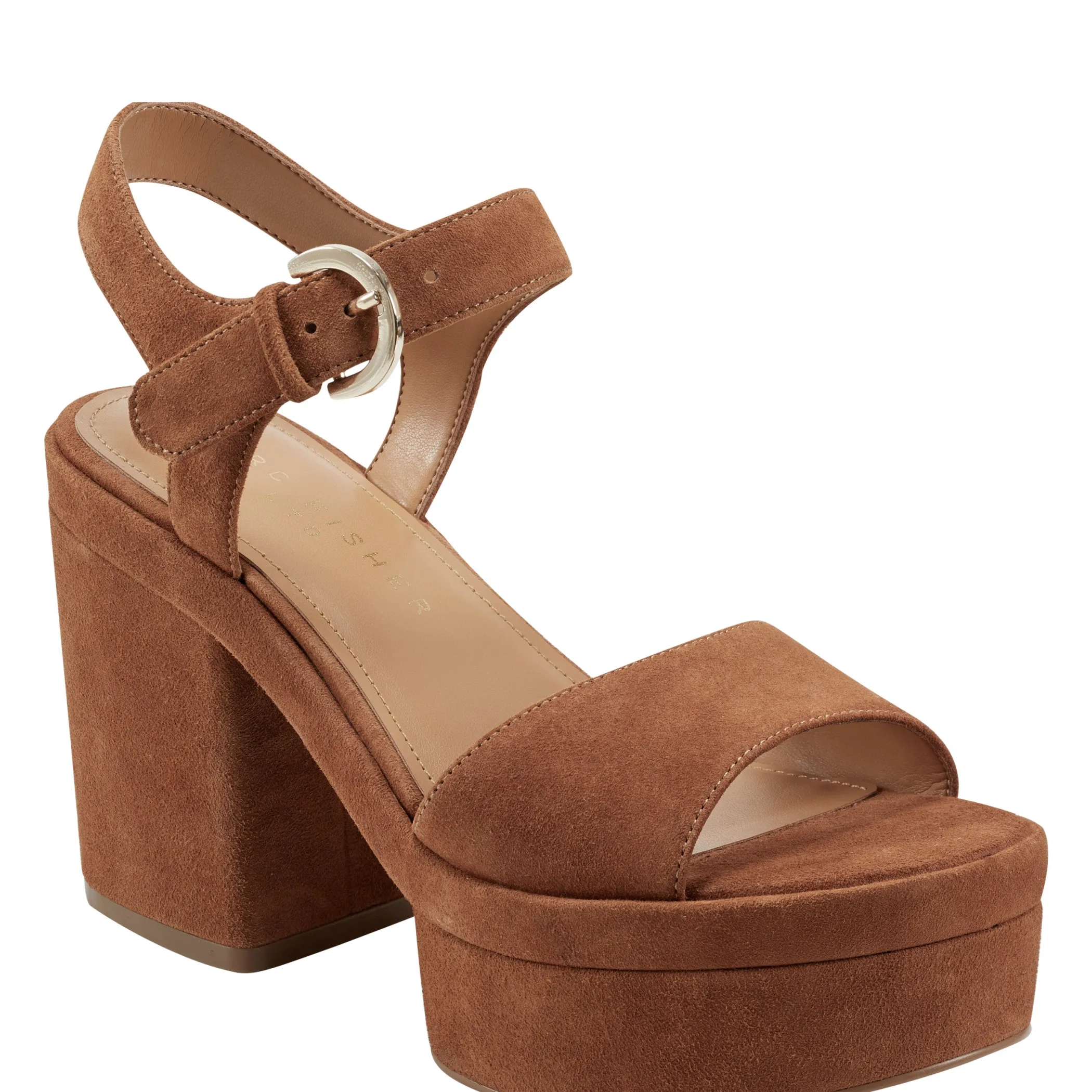 New Marc Fisher Normi Platform Sandal Cognac Suede